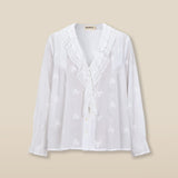 KAEYA | White Embroidered Cotton Ruffle Blouse