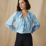 KAIRA | Pale Blue Embroidered Cotton Ruffle Blouse