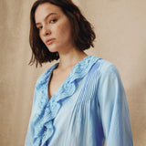 KAIRA | Pale Blue Embroidered Cotton Ruffle Blouse