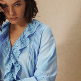 KAIRA | Pale Blue Embroidered Cotton Ruffle Blouse