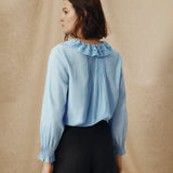 KAIRA | Pale Blue Embroidered Cotton Ruffle Blouse