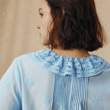 KAIRA | Pale Blue Embroidered Cotton Ruffle Blouse