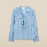 KAIRA | Pale Blue Embroidered Cotton Ruffle Blouse