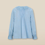 KAIRA | Pale Blue Embroidered Cotton Ruffle Blouse