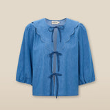 BRUNELLA | Denim Blue Tie Front Cotton Blouse