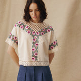 KALINDA | Cream Geometric-Embroidered Cotton Blouse