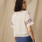 KALINDA | Cream Geometric-Embroidered Cotton Blouse