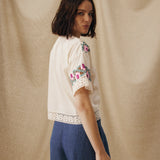 KALINDA | Cream Geometric-Embroidered Cotton Blouse