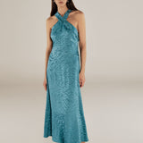 BHAKTI | Turquoise Blue Jacquard Leopard Print Midi Dress