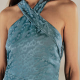 BHAKTI | Turquoise Blue Jacquard Leopard Print Midi Dress