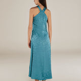 BHAKTI | Turquoise Blue Jacquard Leopard Print Midi Dress