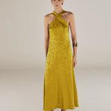 BHAKTI | Chartreuse Yellow Jacquard Leopard Print Midi Dress
