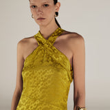 BHAKTI | Chartreuse Yellow Jacquard Leopard Print Midi Dress
