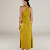 BHAKTI | Chartreuse Yellow Jacquard Leopard Print Midi Dress