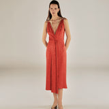 LATINA | Red Jacquard Twist Front V-Neck Midi Dress