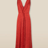 LATINA | Red Jacquard Twist Front V-Neck Midi Dress