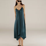 ELSIE | Peacock Green Satin Strap Midi Dress