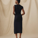 ALLIE | Black Ruched Fitted Cotton Midi Dress