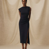 ALLIE | Black Ruched Fitted Cotton Midi Dress