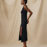 ALLIE | Black Ruched Fitted Cotton Midi Dress