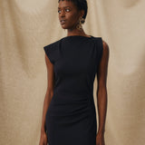 ALLIE | Black Ruched Fitted Cotton Midi Dress