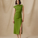 ALLIE | Vestido midi verde fruncido de algodón