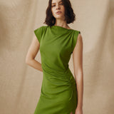 ALLIE | Vestido midi verde fruncido de algodón