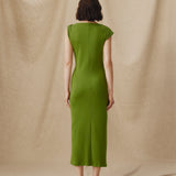 ALLIE | Vestido midi verde fruncido de algodón