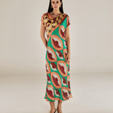 EMBER | Multicoloured Geometric Print Satin Midi Dress