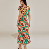 EMBER | Multicoloured Geometric Print Satin Midi Dress