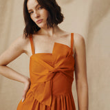 LUCILA | Burnt Orange Tie Front Cotton Midi Dress