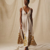 YUKTA | Stone Grey Embroidered Midi Dress