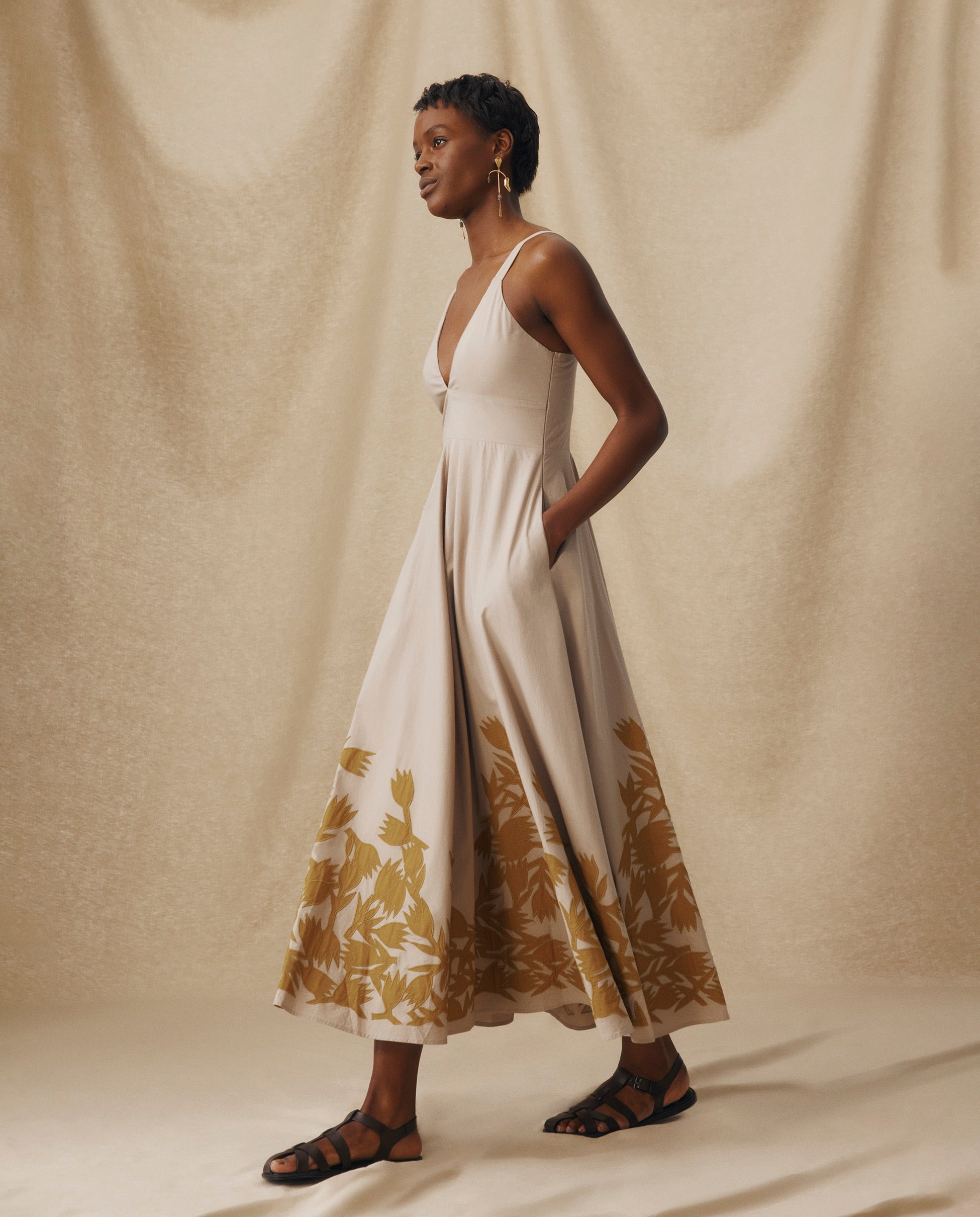 YUKTA | Stone Grey Embroidered Midi Dress – MAKSU