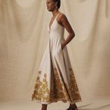 YUKTA | Stone Grey Embroidered Midi Dress