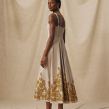 YUKTA | Stone Grey Embroidered Midi Dress