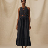 ANUSHA | Black Cut-Out Scallop Cotton Midi Dress