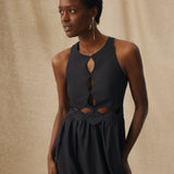 ANUSHA | Black Cut-Out Scallop Cotton Midi Dress