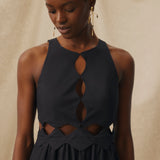 ANUSHA | Black Cut-Out Scallop Cotton Midi Dress