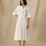 ZULIKA | White Embroidered Floral Motifs Cotton Midi Dress