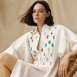 ZULIKA | White Embroidered Floral Motifs Cotton Midi Dress