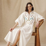 ZULIKA | White Embroidered Floral Motifs Cotton Midi Dress