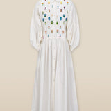 ZULIKA | White Embroidered Floral Motifs Cotton Midi Dress
