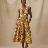 MONISHA | Ochre Yellow Multi Print Cotton Midi Dress