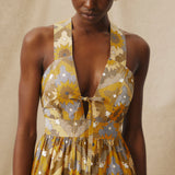 MONISHA | Ochre Yellow Multi Print Cotton Midi Dress