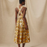 MONISHA | Ochre Yellow Multi Print Cotton Midi Dress