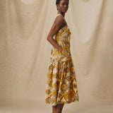 MONISHA | Ochre Yellow Multi Print Cotton Midi Dress