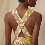 MONISHA | Ochre Yellow Multi Print Cotton Midi Dress