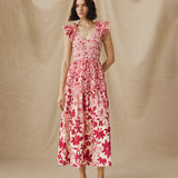 DAWA | Crimson Kırmızı &amp; Beyaz Smokinli Çiçekli Pamuklu Midi Elbise