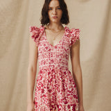 DAWA | Crimson Kırmızı &amp; Beyaz Smokinli Çiçekli Pamuklu Midi Elbise