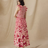 DAWA | Crimson Kırmızı &amp; Beyaz Smokinli Çiçekli Pamuklu Midi Elbise